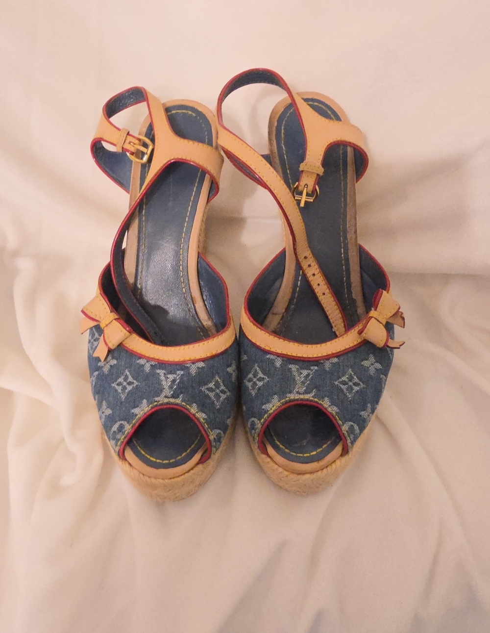 Louis Vuitton Denim Monogram Espadrille Wedge Sandals - Blue/Tan